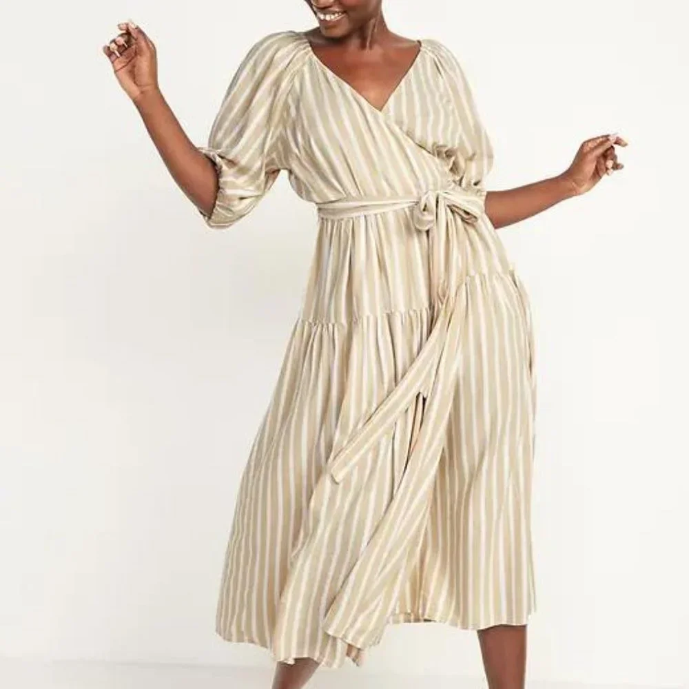 Old Navy Waist-Defined Striped Tie-Belt Midi Plus Wrap Dress for Women New - Picture 3 of 5